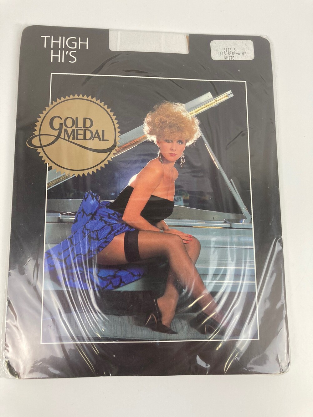 VTG 80s NOS Gold Medal Thigh Hi White Nylon Stocking Pantyhose Sz B - 5'5" to 6'